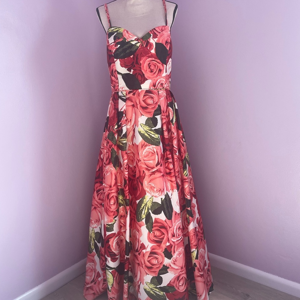 Stacy Sklar Coral Rose Print Maxi Dress with Sweetheart Neckline